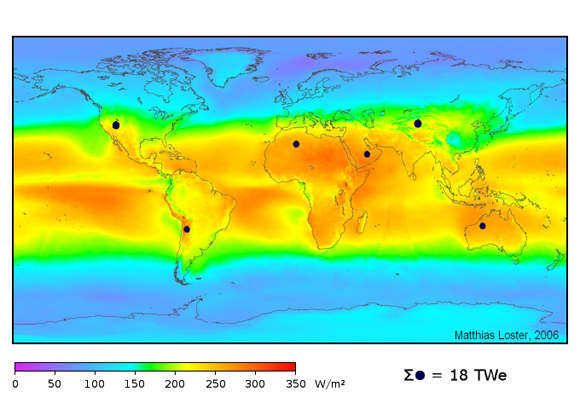 World map showing areas most suitable for solar energy. 