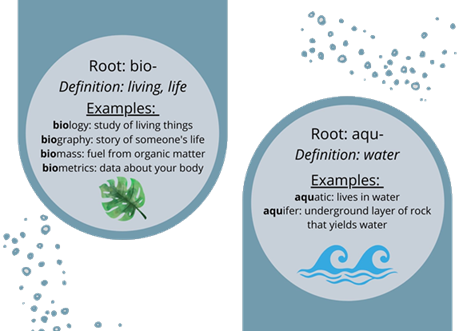 Examples of root bio meaning living or life include biology, biography, biomass, and biometrics. Examples of root aqu meaning water include aquatic and aquafer.