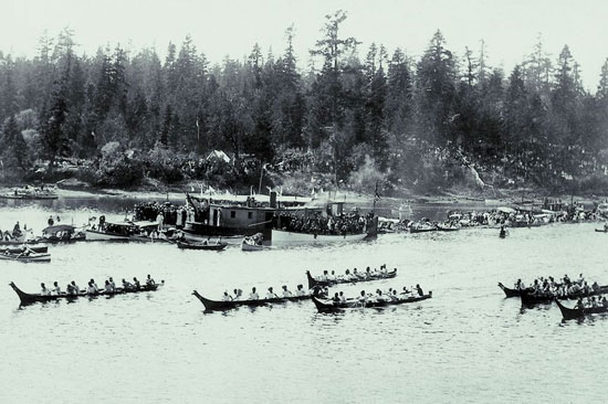 A grouping of Native American canoes