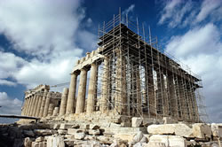 The bones of an old building under reconstruction.