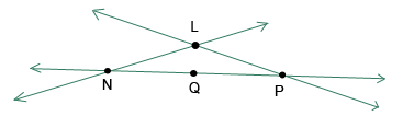 points N, Q and P, in that order, with a line through all three, extending beyond the end points, with arrows on each end, point L is above this line and two more lines are drawn, one through L and N, another through L and P