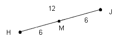 line segment H J, length 12, point M in middle, length of H M is 6, length of M J is 6