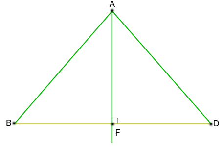 figure with segment BD and perpendicular bisector AF, a segment connects A to D, a segment connects A to B