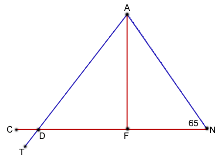 figure with segment DN and perpendicular bisector AF, a segment connects A to N, making a sixty-five degree angle, a segment connects A to D and continues to T, segment DN extends past D to point C