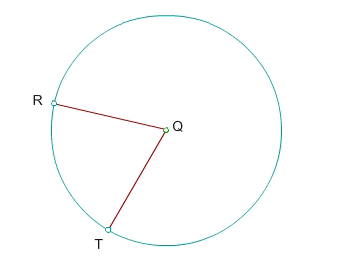 circle with center Q and points R and T on the circle, line segments are drawn from Q to R and Q to T