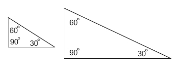 two triangles of differing size, both with angle measure 30 degrees, 60 degrees and 90 degrees