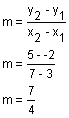 m equals y 2 minus y 1 divided by x 2 minus x 1, m equals 5 minus negative 2 divided by 7 minus 3, m equals seven-fourths