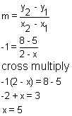 m equals y 2 minus y 1 divided by x 2 minus x 1, negative 1 equals 8 minus 5 divided by 2 minus x, corss multiply to get negative 1 times the quantity 2 minus x equals 8 minus 5, negative 2 plus x equals 3, x equals 5