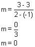 m equals 3 minus 3 divided by 2 minus negative 1, m equals 0 divided by 3, m equals 0