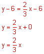 y minus 6 equals two-thirds x minus 6, y equals two-thirds x plus 0, y equals two-thirds x