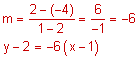 m equals 2 minus negative 4 divided by 1 minus 2 equals 6 divided by negative 1 equals negative 6, y minus 2 equals negative 6 times the quantity x minus 1