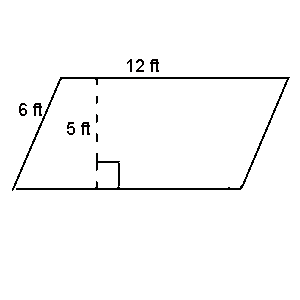 parallelogram with on side equal to 6 feet and another side equal to 12 feet, height is equal to 5 feet