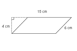 parallelogram with horizontal side labeled 15 centimeters, vertical side labeled 6 centimeters and perpendicular height labeled 4 centimeters