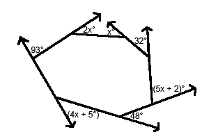 heptagon with exterior angles of measure 93 degrees, 2x degrees, x degrees, 32 degrees, 5x plus 2 degrees, 48 degrees and 4x plus 5 degrees.