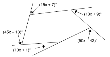 five-sided figure with exterior angles 45x minus 13 degrees, 15x plus 7 degrees, 13x plus 9 degrees, 50x minus 43 degrees and 10x plus 1 degrees