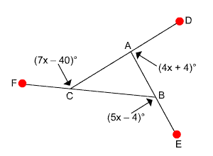 three-sided figure with exterior angles 7x minus 40 degrees, 4x plus 4 degrees and 5x minus 4 degrees