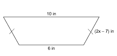 isosceles trapezoid with one base measuring 10 inches, the other base measuring 6 inches, and one leg measuring 2x minus 7 inches