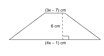 trapezoid with one base measuring 3x minus 7 centimeters, the other base measuring 4x minus 1 centimeter, and the height measuring 6 centimeters