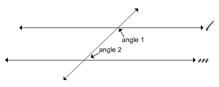 Parallel lines l and m with transversal, angle 1 is below and to the right of  the top line and angle 2 is above and to the right of the bottom line."/>