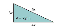 Triangle with sides 3x, 4x and 5x, and with perimeter equal to 72 inches.