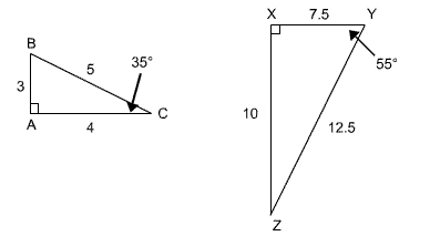 Triangle ABC with right angle A, angle C measuring 35 degrees, length of  AB equal to 3, length of BC equal to 5, and length of AC equal to 4; Triangle XYZ with right angle X, angle Y measuring 55 degrees, length of  XY equal to 7.5, length of YZ equal to12. 5, and length of XZ equal 10