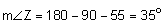 The measure of angle Z equals 180 minus 90 minus 55 equals 35 degrees