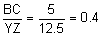 The fraction BC over YZ equals the fraction 5 over 12 point 5 equals 0 point 4