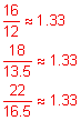 sixteen-twelfths approximately equals 1 point 33; the fraction 18 over 13 point 5 approximately equals 1 point 33; the fraction 22 over 16 point 5 approximately equals 1 point 33