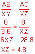 the fraction AB over XY equals the fraction AC over XZ; the fraction 6 over 3 point 6 equals the fraction 8 over XZ; 6 XZ equals 28 point 8; XZ equals 4 point 8