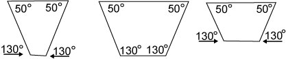 Three trapezoids, each with two base angles measuring 50 degrees and two base angles measuring 130 degrees.