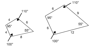 One quadrilateral with angle measures 95 degrees, 110 degrees, 55 degrees and 100 degrees and side lengths 4, 4, 6, and 8.  Second quadrilateral with angle measures 95 degrees, 110 degrees, 55 degrees and 100 degrees and side lengths 6, 6, 9, and 12.