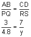 the fraction AB over PQ equals the fraction CD over RS; the fraction 3 over 4 point 8 equals the fraction 7 over y