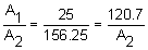 the fraction A sub 1 over A sub 2 equals the fraction 25 over 156 point 25 equals the fraction 120 point 7 over A sub 2