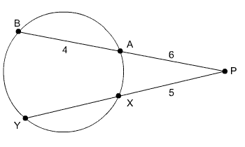 Circle with secant PB which intersects the circle at point A, PA equals 6 and AB equals 4; secant PY which intersects the circle at point X, PX equals 5