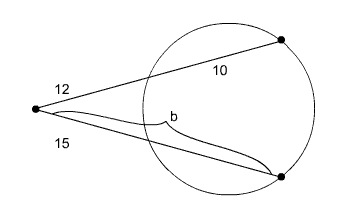 Circle with secants drawn; the first secant has exterior segment equal to 12 and interior segment equal to 10, the second secant has exterior segment equal to 15 and whole segment equal to b