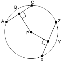 Circle P with chord AC, PB is PB is perpendicular to chord AC at point P;  chord XZ, PY is perpendicular to chord XZ at point Y