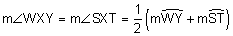 the measure of angle WXY equals the measure of angle SXT equals one-half the quantity the measure of arc WY plus the measure of arc ST