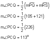 the measure of angle PCQ equals one-half the quantity the measure of arc PQ plus the measure of arc RS; the measure of angle PCQ equals one-half the quantity 105 plus 121; the measure of angle PCQ equals one-half of 226; the measure of angle PCQ equals 113 degrees