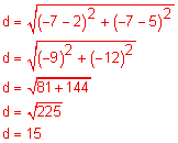 d equals the square root of the sum of the quantity negative 7 minus 2, the quantity squared, and the quantity negative 7 minus 5, the quantity squared; d equals the square root of sum of negative 9 squared and negative 12 squared; d equals the square root of 81 and 144; d equals the square root of 225; d equals 15