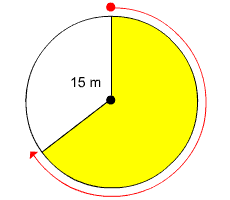 Circle with radius 15 meters, two-thirds of the circle is shaded.