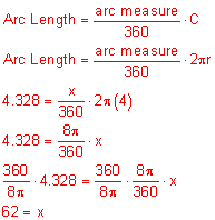 Arc Length equals the quotient “arc measure” over 360 times capital C; Arc Length equals the quotient arc measure over 360 times 2 pi r; 4 point 3 2 8 equals the quotient x over 360 times 2 pi times 4; 4 point 3 2 8 equals the quotient 8 pi over 360 times x; the quotient 360 over 8 pi, the quotient times 4 point 3 2 8 equals the quotient 360 over 8 pi times the quotient 8 pi over 360, all times x; 62 equals x