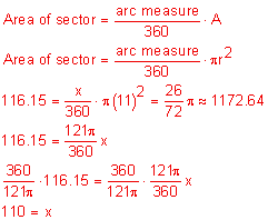 Area of sector equals the quotient arc measure divided by 360 times capital A; Area of sector equals the quotient arc measure divided by 360 times pi r-squared; 116 point 15 equals the quotient x divided by 360, the quotient times pi times 11 squared; 116 point 15 equals the quotient 121 pi over 360, the quotient times x; the quotient 360 over 121 pi, the quotient times 116 point 15 equals the quotient 360 over 121 pi, the quotient times the quotient 121 pi over 360 times x; 110 equals x