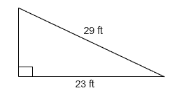 Right triangle with hypotenuse with length 29 feet and one leg with length 23 feet.