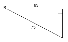 Right triangle with angle B, the side adjacent to B is 63 and the hypotenuse is 75