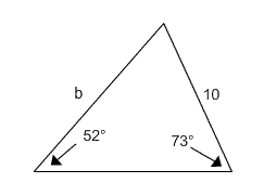 Triangle with b opposite an angle with measure 73 degrees and 10 opposite an angle with measure 52 degrees.