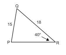 Triangle PQR, with side PQ equals to 15, side QR equals to 18 and angle R measuring 40 degrees