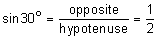 sine of 30 degrees 3 equals the quotient “opposite” over “hypotenuse” equals one-half