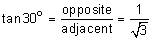 tangent of 30 degrees equals the quotient “opposite” over “adjacent” equals the quotient 1 divided by the square root of 3