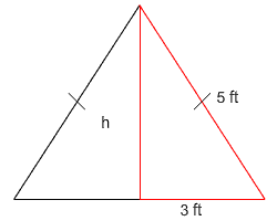 Isosceles Triangle with base 6 feet and legs 5 feet, height drawn making a right triangle in half