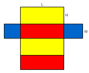 Sides of the box laid out flat, two yellow rectangles, two red rectangles, two blue rectangles